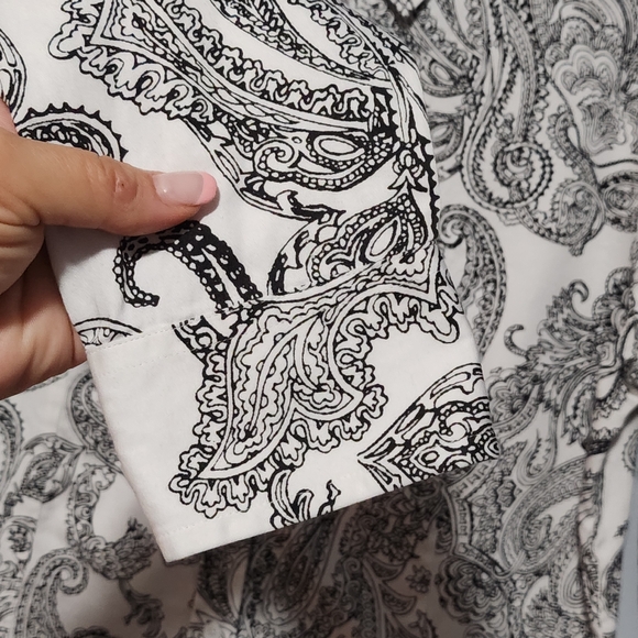 TALBOTS Blouse Womens Size 14 Black White Paisley Stretch Cotton Sateen Career - Picture 5 of 10
